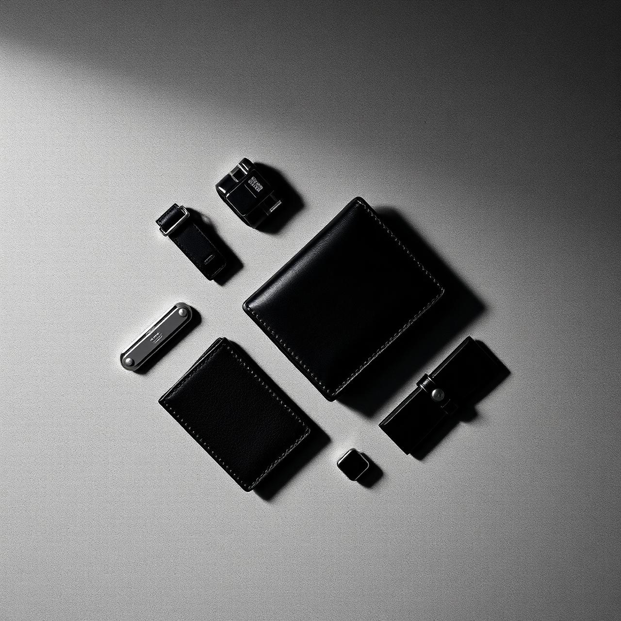 Premium leather accessories flat lay